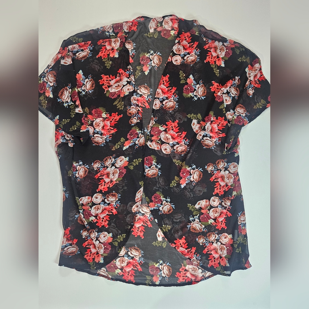Floral Kimono Womens OS Black Pink Floral Boho Feminine‎ Cottagecore Shawl Wrap